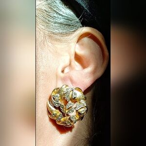 Vintage BSK FLORAL CLUSTER gold silver earrings clip ons round Glam rhinestone